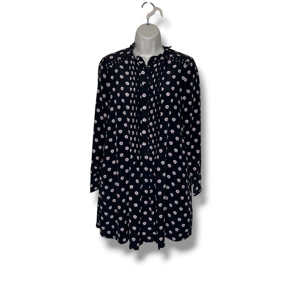 Kate Spade Silk Ditsy Floral Shirt Dress Black Ruffle Plisse Pintuck Pleat XXS